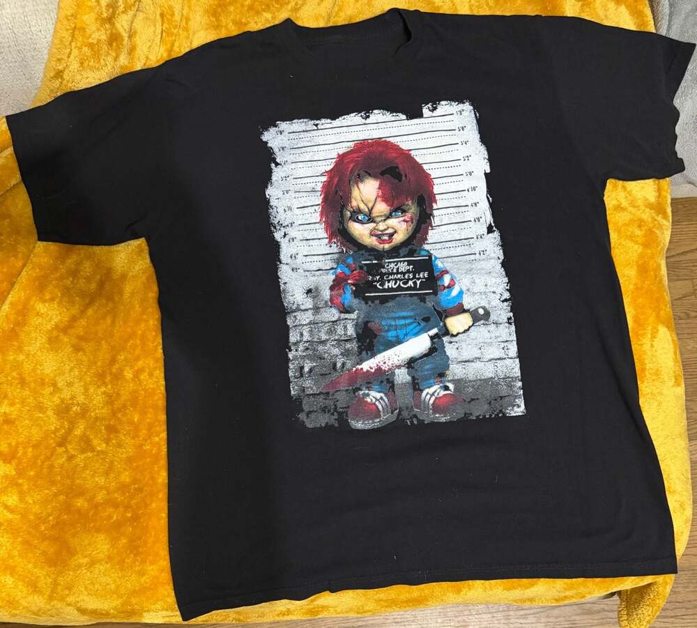 Chucky Chicago Police Department Mugshot Horror Movie Graphic T-Shirt Sz Lg